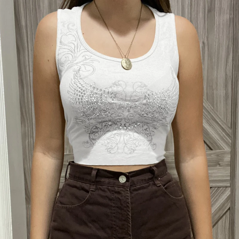

Y2K Printed Garaphic 90S Tank Top Chic White Sweet Vintage Crop Top Women Sleeve Harajuku Knitted Vest Crewneck Street