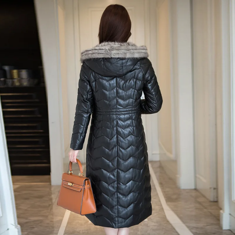 100% Натуральная овечья кожа женский зимний пуховик из натуральной кожи норковый