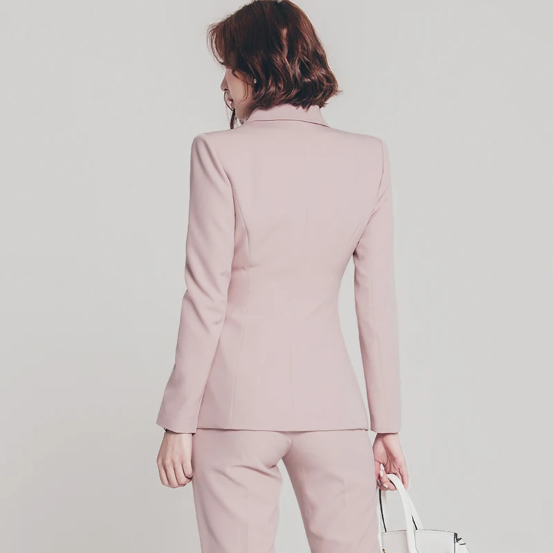 2020 New Fashion Spring Autumn Women Pants Suits 2 Two Piece Set For Work Wear OL Elegant Formal Business Ladies Pink Pantsuits
