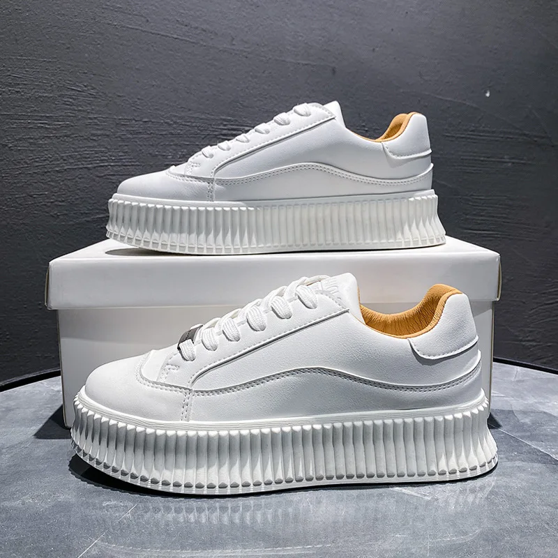 

Fashion Spring White Platform Sneakers Women Shoes Korean Lace Chunky Sneakers Thick Sole Leather Women's Vulcanize Shoes N2-23