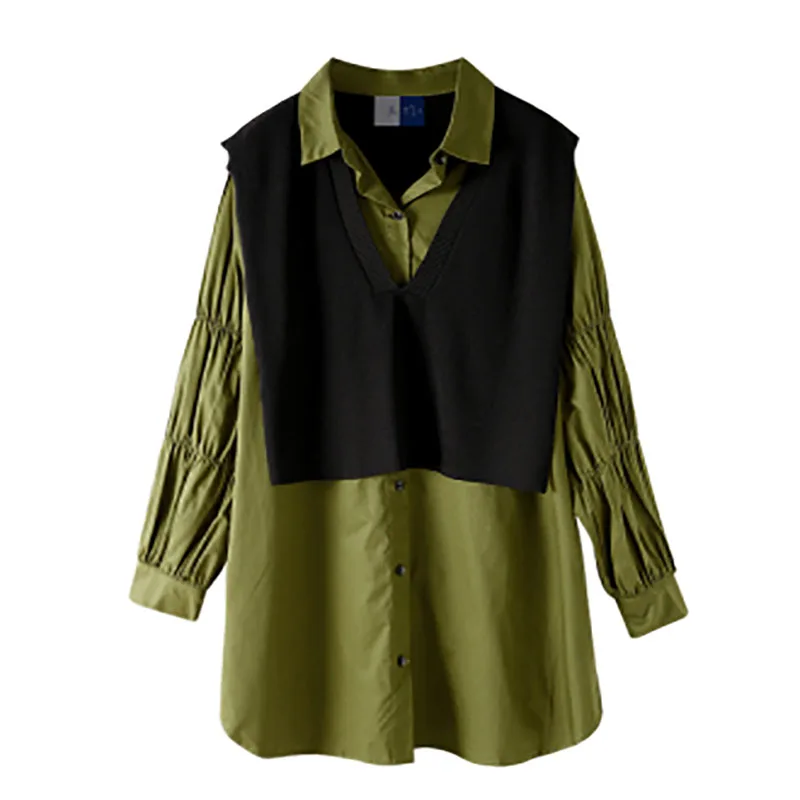 

2021 New Spring Women Tops Black Plaid Diamonds Striped Blouse Blue Medium False Two Pieces Patched Knitted Shirt