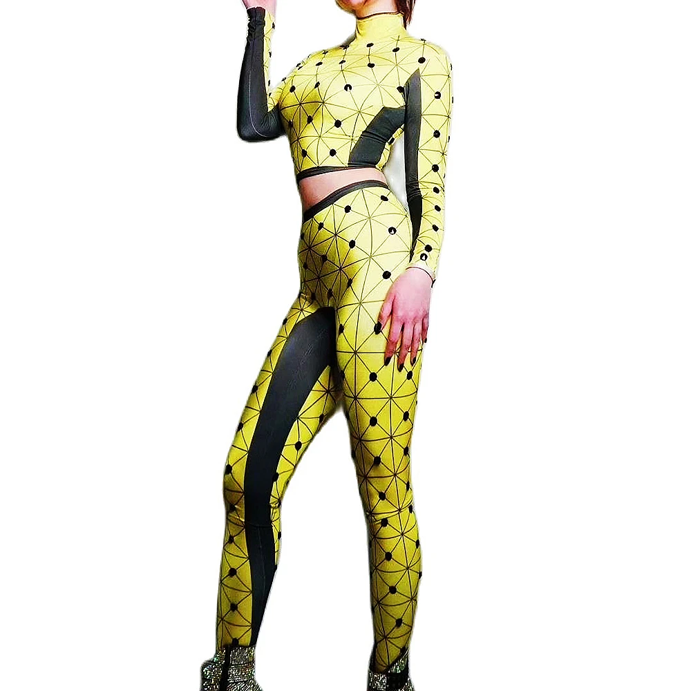 

Комплект из двух предметов женский эластичный, топ и брюки в стиле пэчворк, сценическая одежда для певицы, танцевальные костюмы на шесте, че...