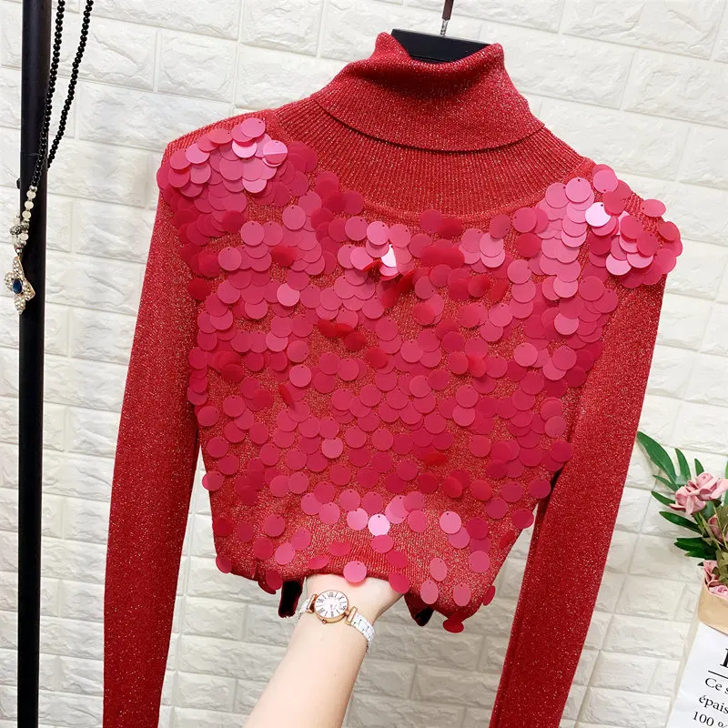 

Turtleneck Sequins Sweater Women's Spring and Autumn Clothes Slim-Fit Stretch Sequin Jumpers Female Pullover Knitted Shirt Femme