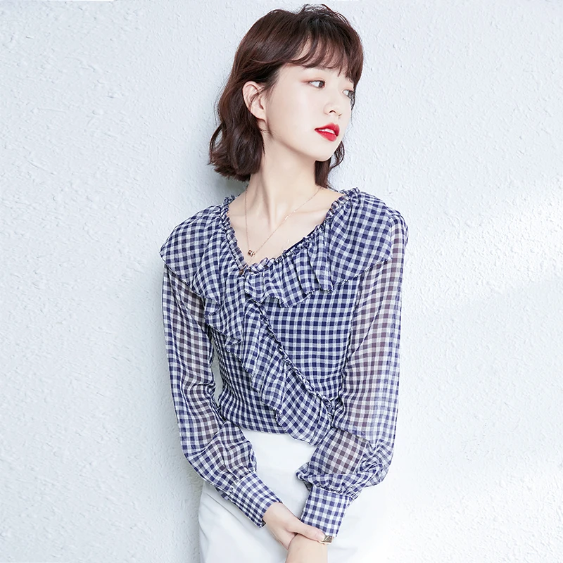 

Plaid Blouse Women chiffon Long Sleeve Formal Shirt 2020 Autumn Lapel Ladies ruffles Blouses Streetwear Blusas