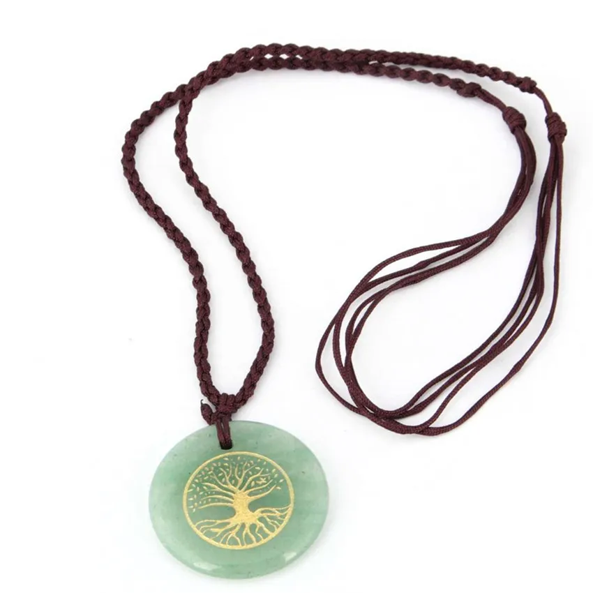 

Ethnic Style Handmade Weave Many Colors Quartz Stone Round Pendant Rope Chain Necklace Tree of Life Jewelry