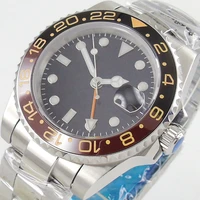 40mm sterile black dial sapphire glass date luminous ceraimc bezel steel bracelet orange gmt automatic movement mens watch