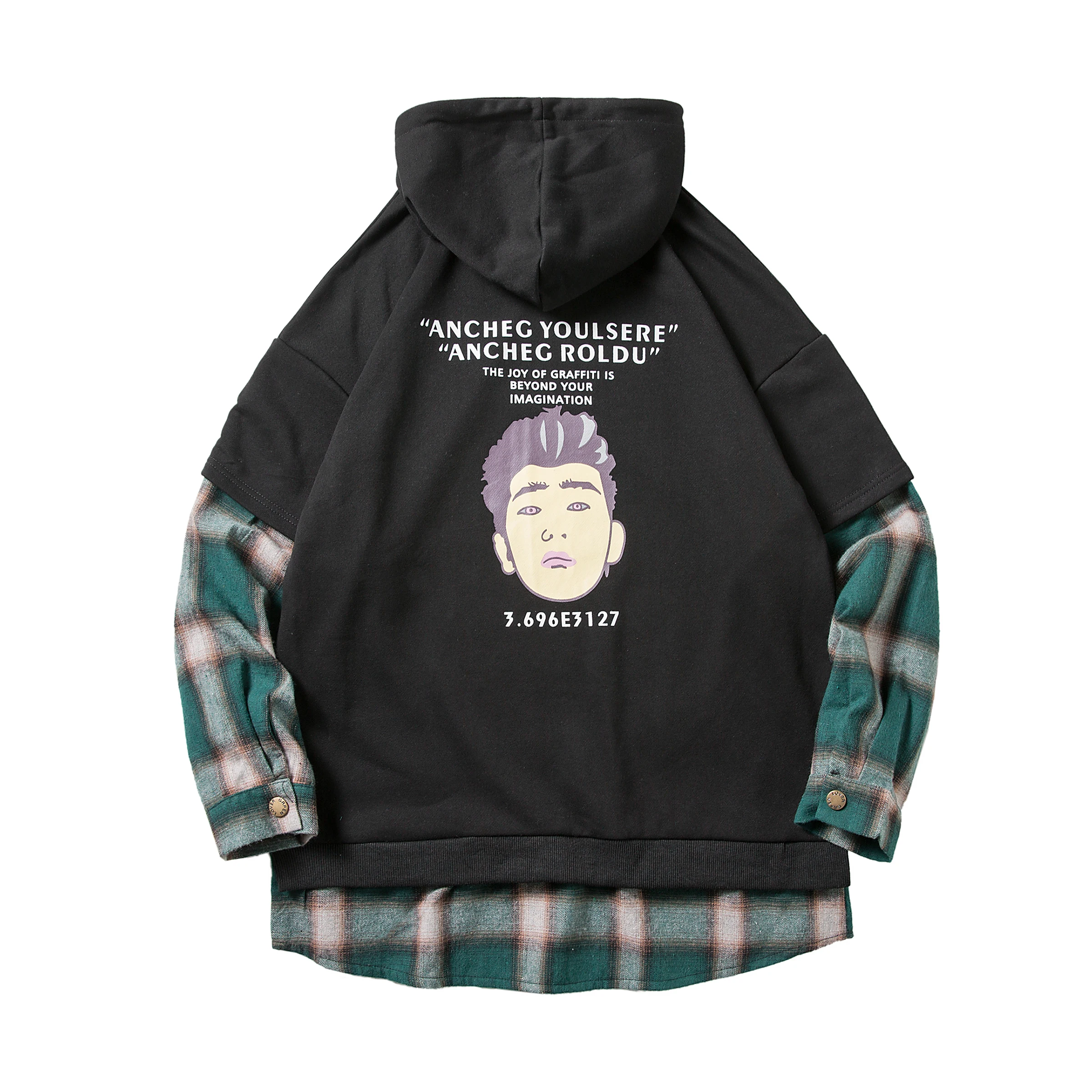 

2020 Autumn new Sweatshirt Mens Hip Hop Pullover Hoodies Streetwear Casual Fashion High-quality fake two-piece Plaid Hoodie