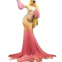 long pink puff sleeve women mermaid dress skinny stretch dress nightclub party singer dance show stage wear evening prom costume