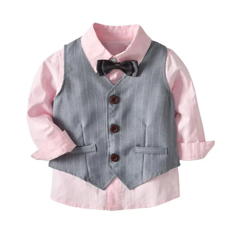 Boys Bow Tie Gentleman Suit Pink Long-sleeved Shirt Vest Trousers Birthday And Party Four-piece Children Clothing High Quality