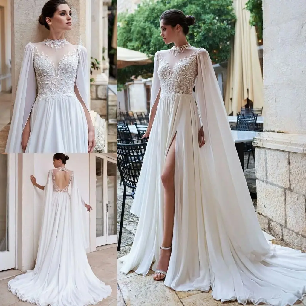 

High Neck Beach with Long Sleeve Cape 2021 Backless Greek Goddess Lace Beaded High Slit Wedding Gown Robe de mariée плае