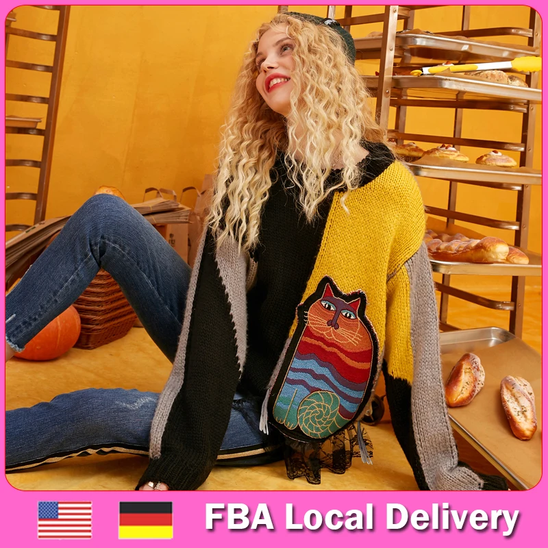 Женский трикотажный пуловер ELFSACK US &amp DE FBA с аппликацией в виде кота и цветными