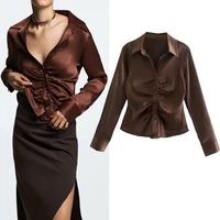 traf za women shirt brown satin crop top woman pleated long sleeve elegant blouses women autumn 2021 vintage button up shirt