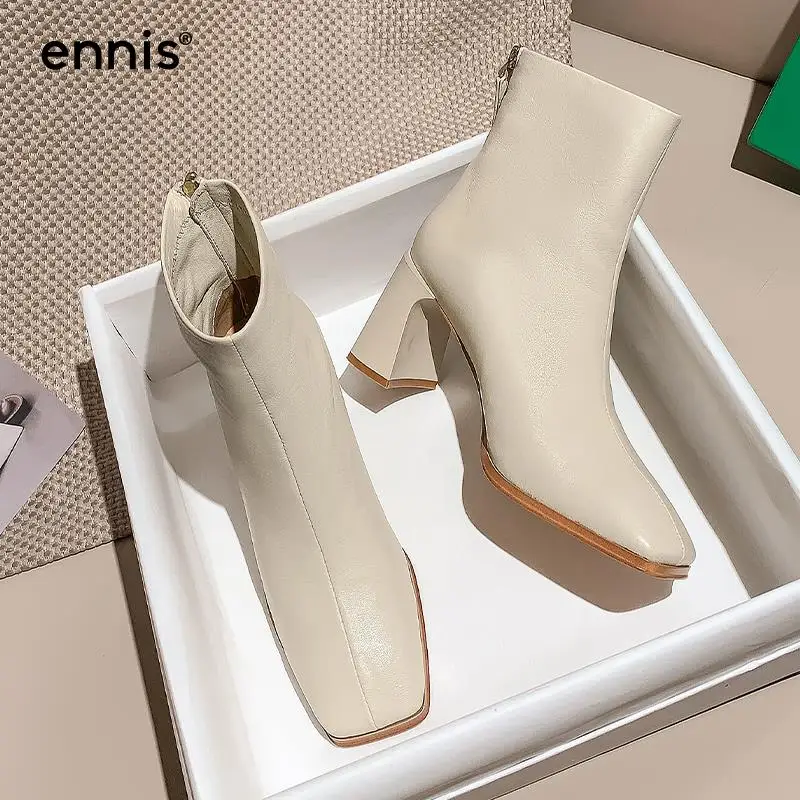 

Женские ботильоны из натуральной кожи ENNIS, черные ботинки на высоком каблуке, с квадратным носком, на молнии, Осень-зима