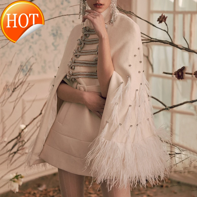 

Women Coat Long Autumn Cloak Winter Thick Feather Tassels Diamond Belted Women Coat