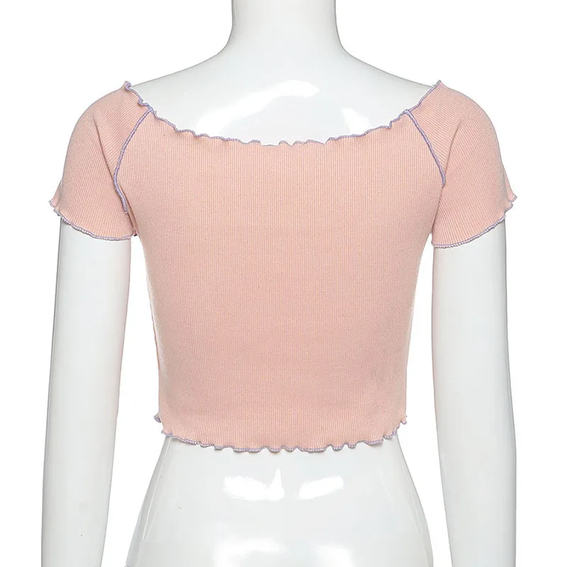 

Sweet Stitching Butterfly Applique Lotus Leaf Hem Crop Top Y2K Style O-neck Short-sleeved Pink T-shirt Fashion Summer Tee 2021