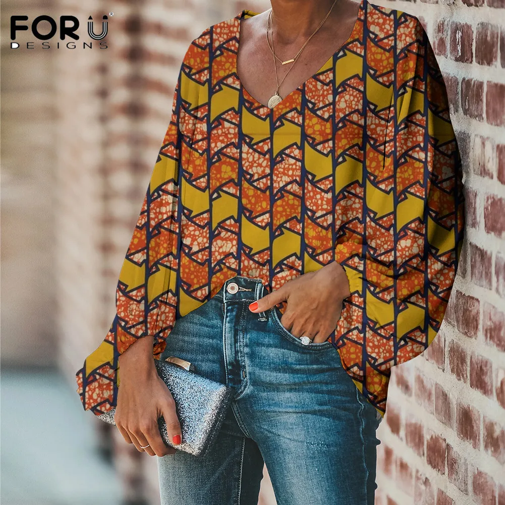

FORUDESIGNS Summer Chiffon Blouse Femme Africaine Dashiki Party Blusas Ladies Office Sexy V Neck Casual Breath Costume Femme
