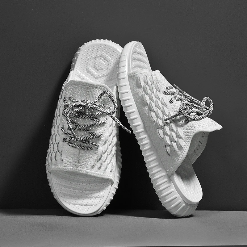 

Super Cool Man Slippers Lace Up Mens Walking Slippers Black White Mesh Beach Man Shoes 2021 Fashion Men Slides Size 39-45