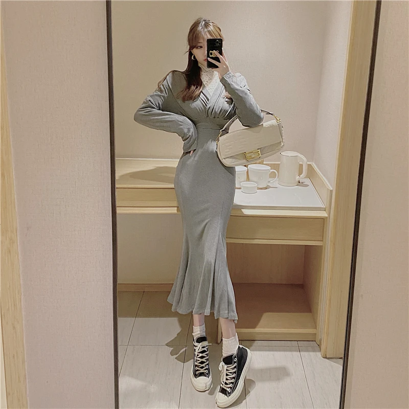 

Mermaid Folds V-Neck Solid Shrink Waist Long Sleeve Dress Aesthetic Clothes Korean Fashion Clothing Dresses for Women Autumn New