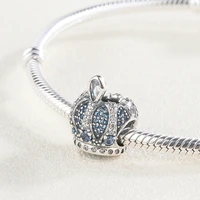 blue gemstone 925 sterling silver pave crown with cubic zirconia charm beads fit european charm bracelet diy jewelry for girl