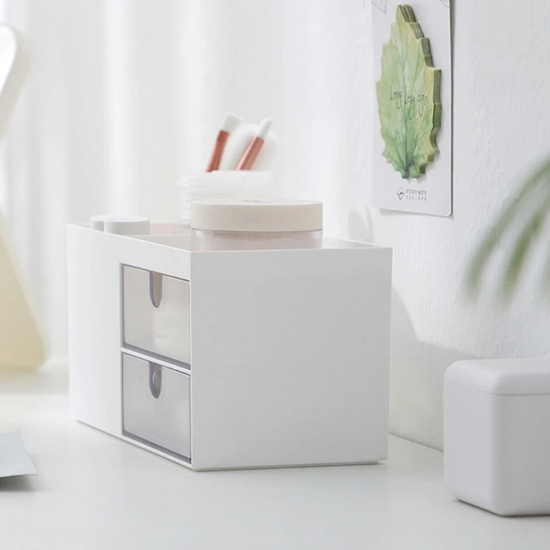 

652E Multi-in-1 Makeup Display Case w/ 2 Drawer Multi-grids Stationery Case for Bathroom Dresser Countertop Bedroom