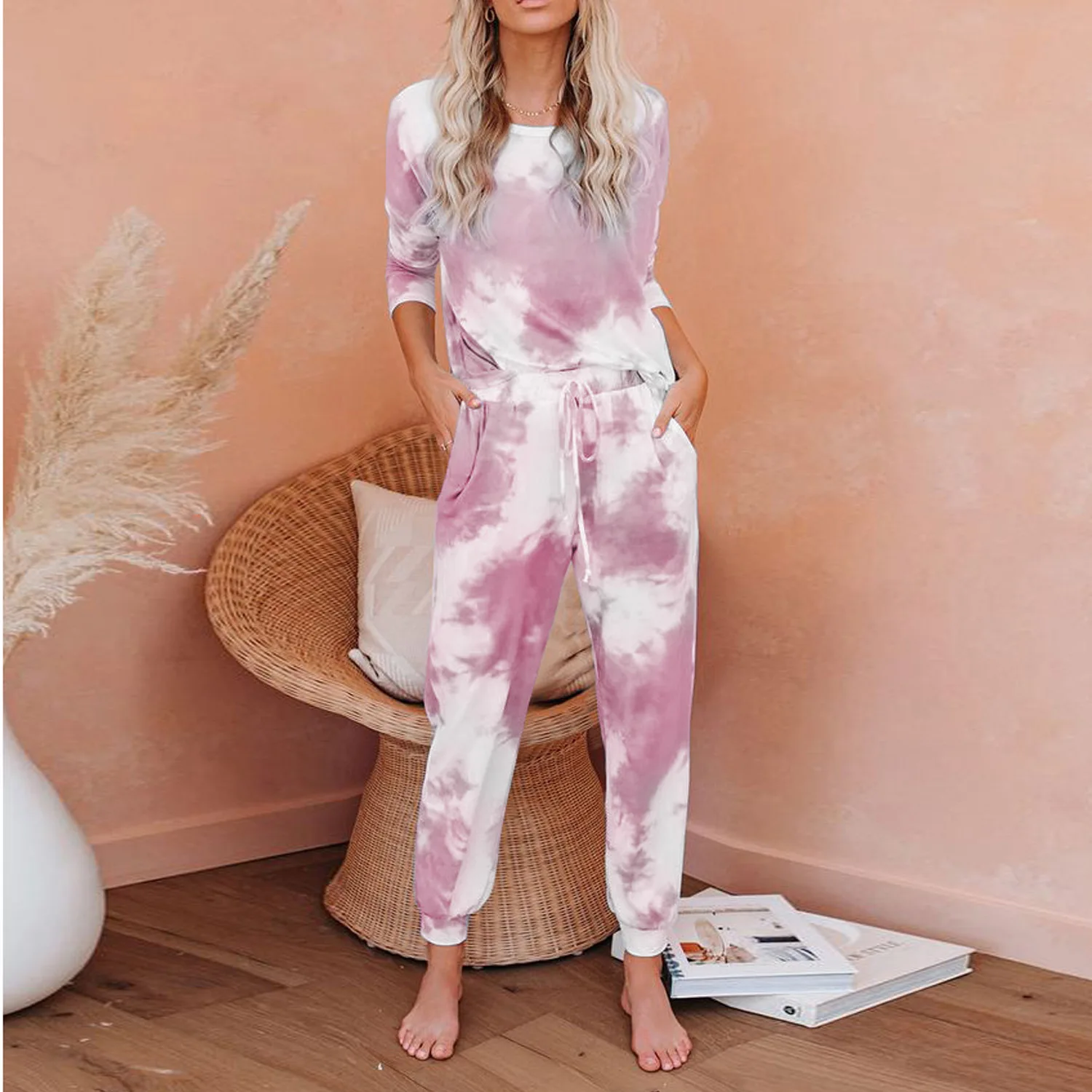 Женский пижамный комплект с длинным рукавом весенне осенний галстуком краской