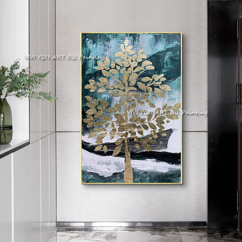

The Top Sales Tree Nature Plant Original Abstract Modern Thick Oil Painting Handpainted Textured Brush Wall Gold Leaf Drawings
