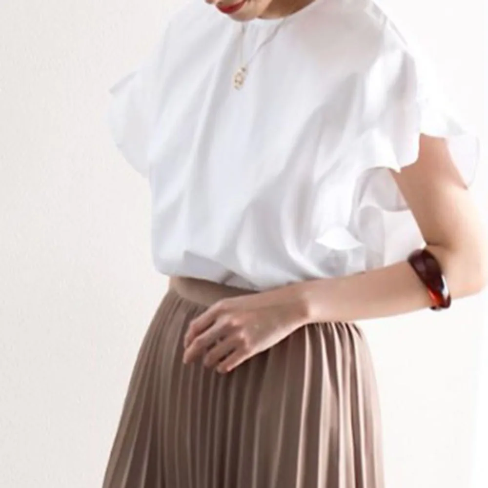 Женская блузка с оборками повседневная однотонная Свободная круглым вырезом в