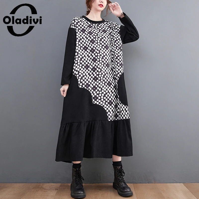

Oladivi Fashion Printed Oversized Dress Women Casual Loose Large Size Long Sleeve Dresses 2022 Spring Autumn Vestidios Robe 9855