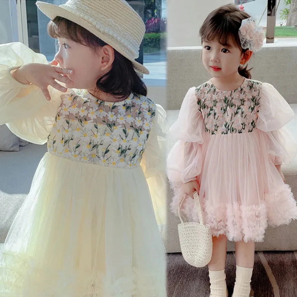 

2-11 Years Little Girls Mesh Flower Princess Dress Kids Long Sleeve Party Dresses For Girls Toddler Baby Girl Clothes Vestidos