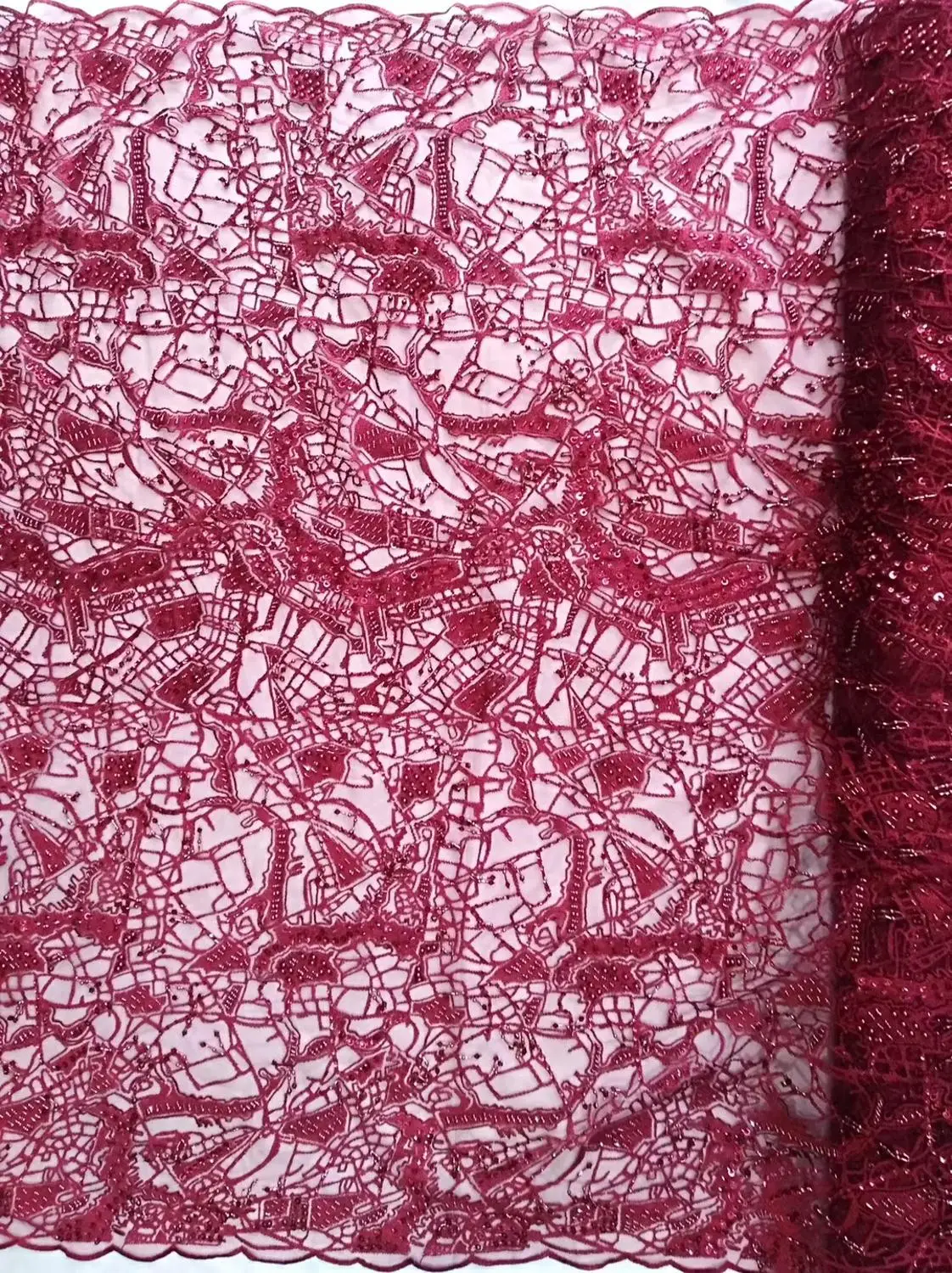 

Тяжелый Красный цвет ручной работы вышитые сетчатые кружевные ткани с бисером JOY-31701 бисером африканские тюль кружева для вечеринки платье ...