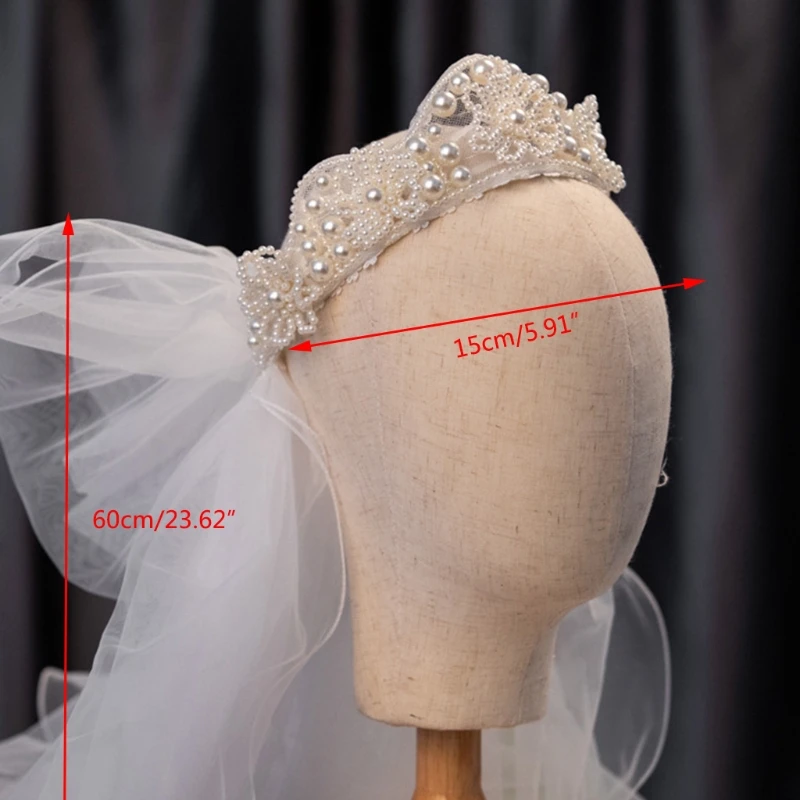 

50PE Princess Tiara with Tulle Wedding Veil Imitation Pearl Beaded Crown Headband Bride Party Prom Hair Jewelry Headpiece