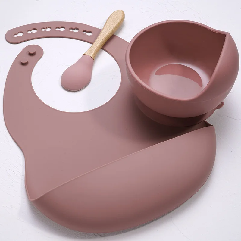 

BPA Free Baby Silicone Tableware Waterproof Bib Flexible Saliva Towel Solid Color Sucker Bowl And Spoon For Children