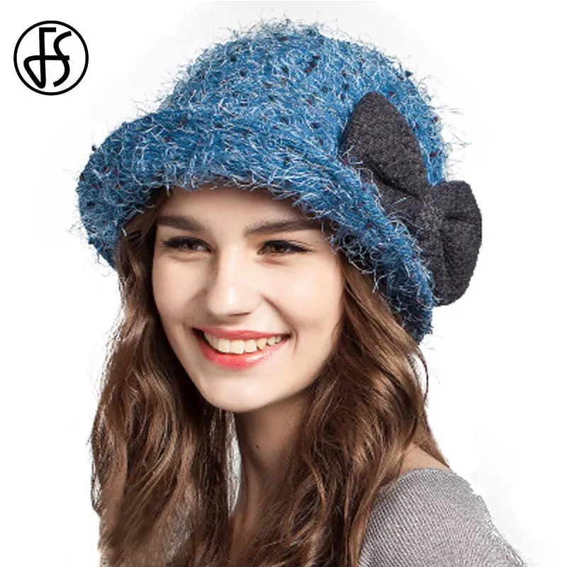 Blue buket hat FS модная женская шерстяная шляпа, зимние складывающиеся синие оранжевые коричневые фетровые шляпы с бантом, женские теплые шапки Sombrero De Pesca Mujer - Цвет: Blue buket hat