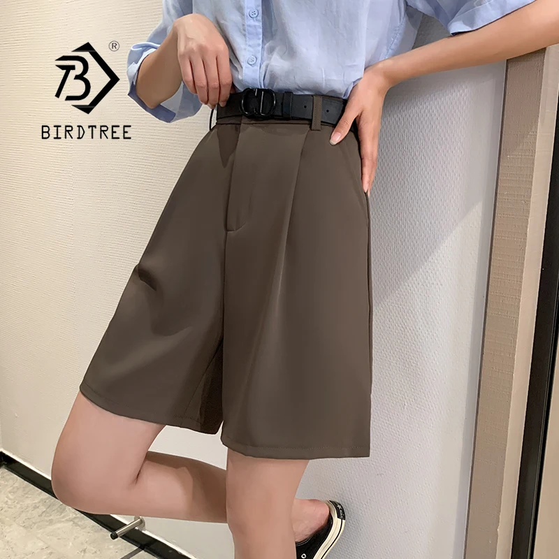 

Summer Women's Plus Size Korean HK Style Vintage Plain Suit Shorts High Waist Wide Leg Straight Loose Shorts With Sashes B15301X