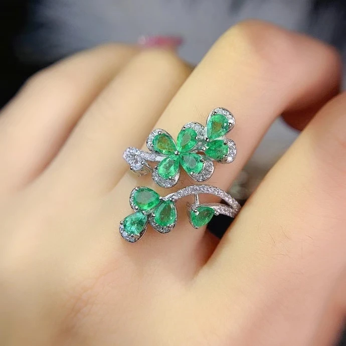 

luxurious Opening big Geometric flower S925 silver natural green Emerald ring natural gemstone ring woman party gift jewelry