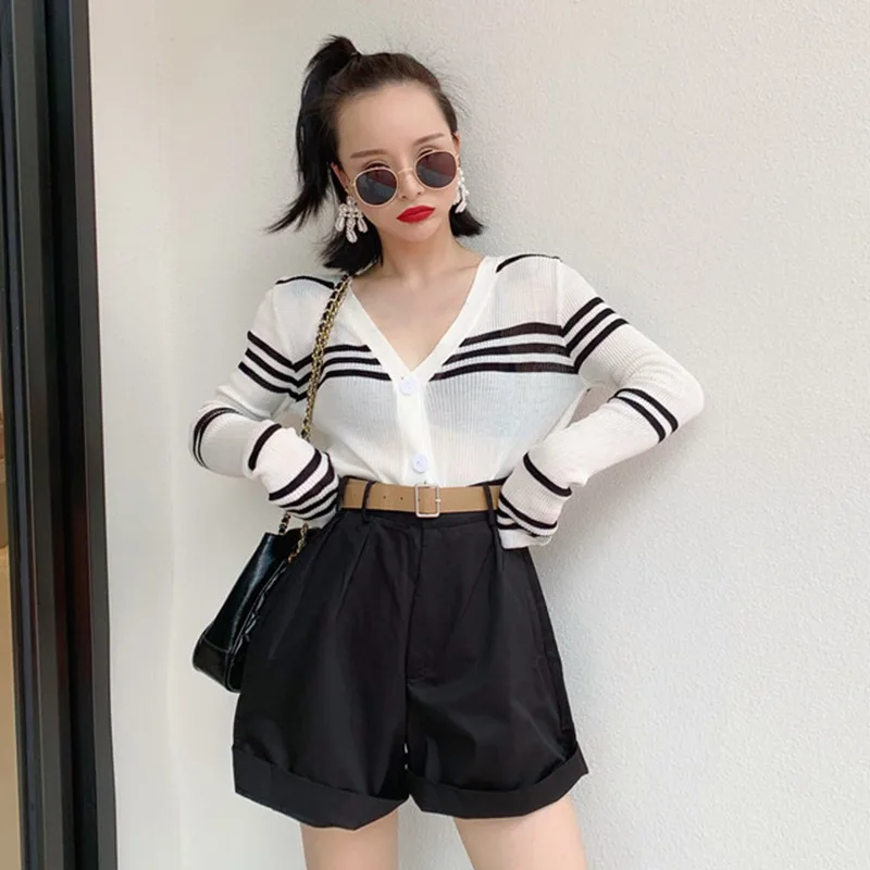

Women Sweater Cardigans Women V-neck Striped Long Sleeve Slim Sweater Short Knit Casual Wild Female Cardigan 1
