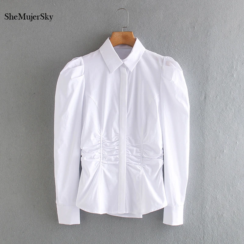 

SheMujerSky облегающие белые рубашки с рюшами, женские блузки с длинным рукавом и отложным воротником, Осенние Топы 2020