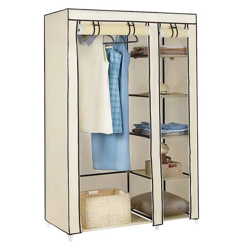 

Bedroom Furniture Modern Beige Non-woven Zipper Style Cloth Wardrobe Black Storage Cabinet Folding Steel Individual Closet HWC