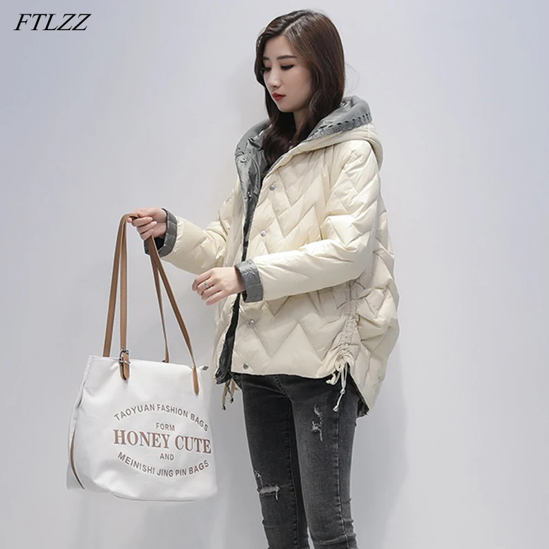 

FTLZZ Winter Splicing Knitting Hooded White Duck Down Short Coat Women Light Feather Jacket Casual Loose Outwear Drawcord Hem