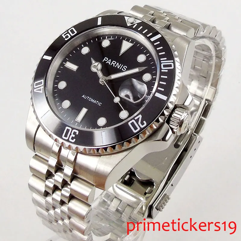 

Automatic movement 40mm PARNIS black dial rotating black ceramic bezel sapphire glass top brand mechancial men's Watch