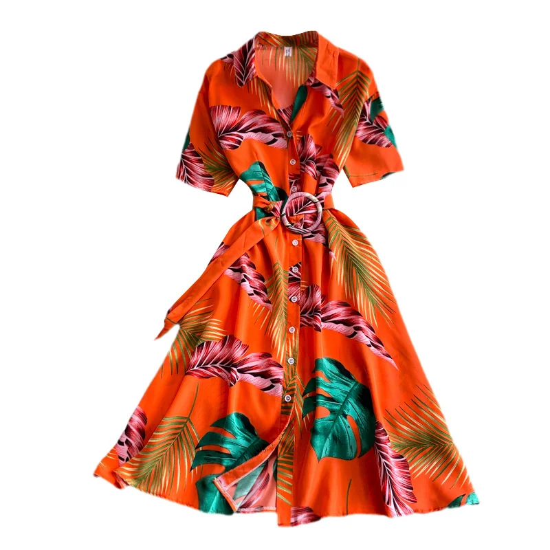 

Fashion Single Breasted Lapel Print Dress 2021 Summer New French Age Reduction Waist Belt Beach Dress Women Floral Dresses