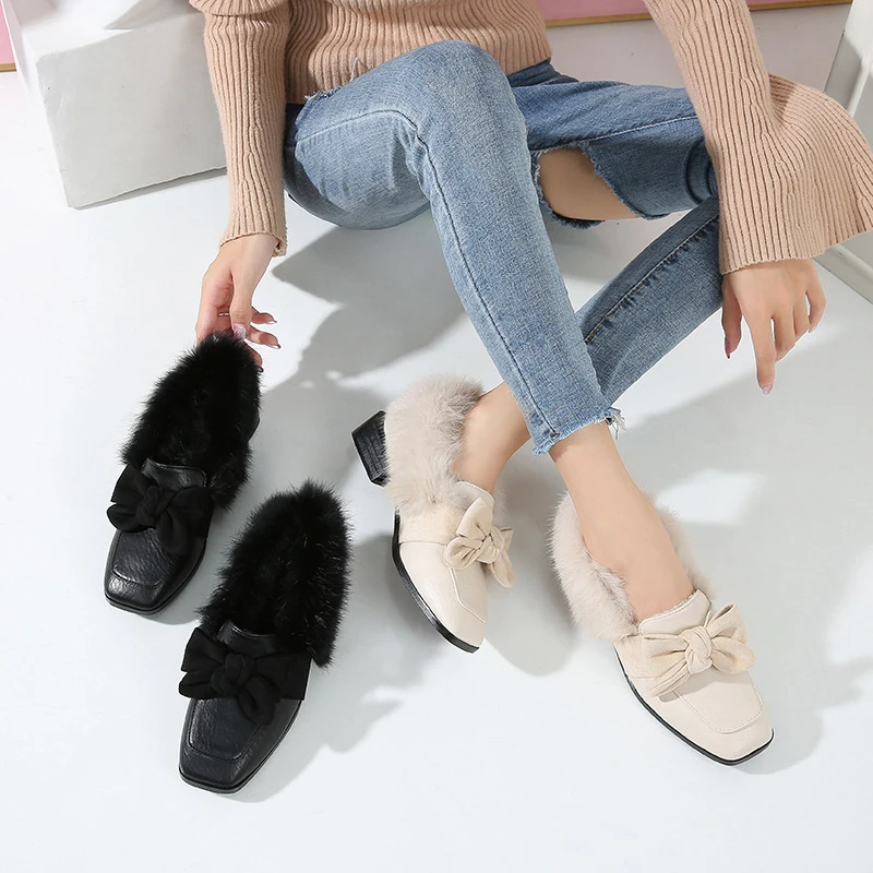 На осень зиму размера плюс женская обувь с квадратным носком Лодочки из флока