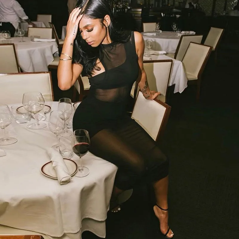 

Mesh Sleeveless Three Piece Long Dresses Summer Holiday Birthday Outfits For Women Sexy See Through Bodycon Dress Party