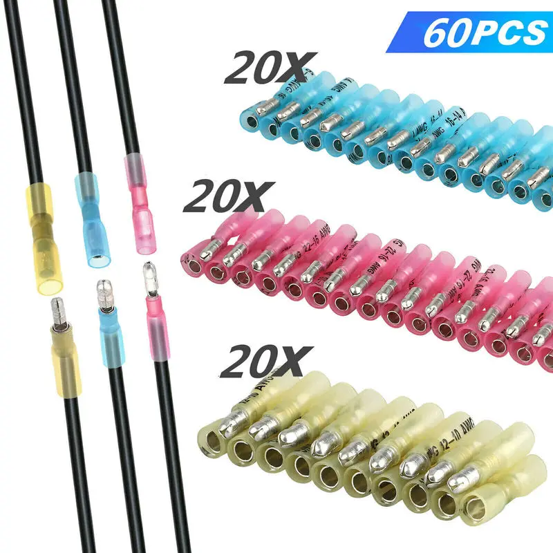 

60PCS Heat Shrink Bullet Female Male Electrical Wire Connectors Splice Crimp Terminals Kit 10-22AWG Waterproof Assortment