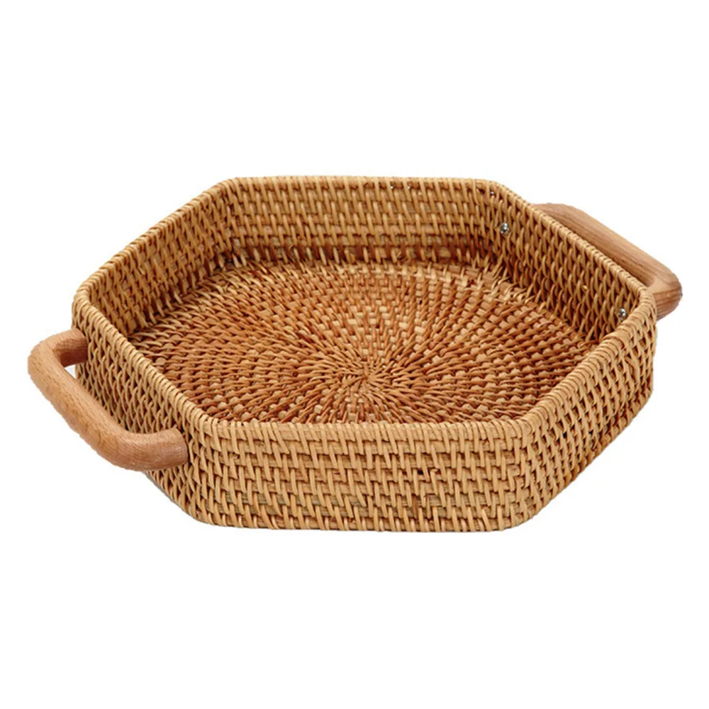 

Hand-Woven Tray Storage Basket Snacks Solid Wood Rattan Round Kitchen Tool Platter With Handle Home Desk Organizer Trays