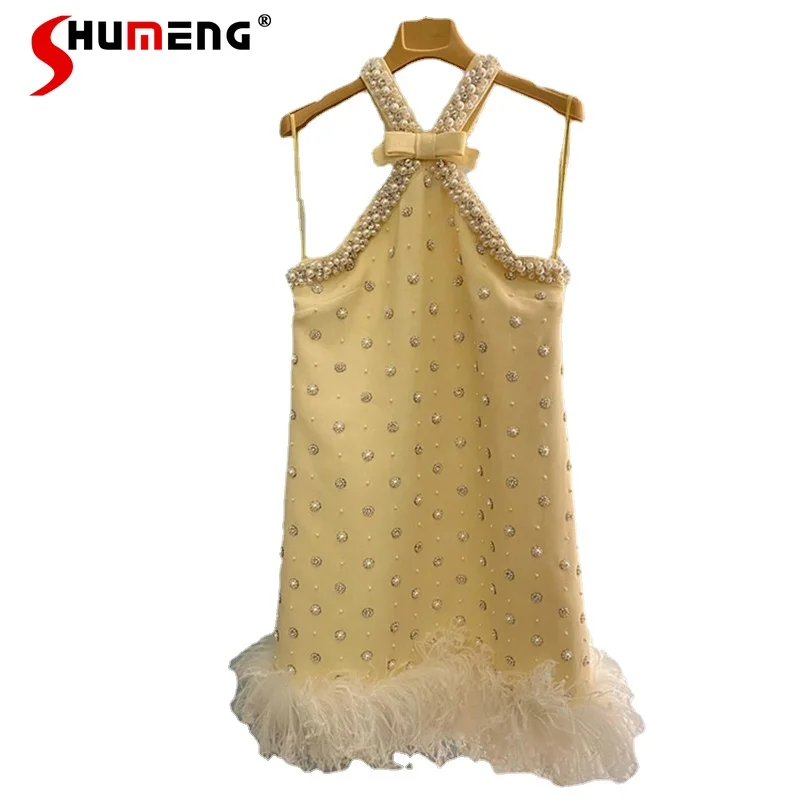 

2021 Fall Women's Sexy Diamonds Yellow Sleeveless Short Dress Elegant Harajuku Women Off Shoulder Rivet Mini Sling Club Dresses