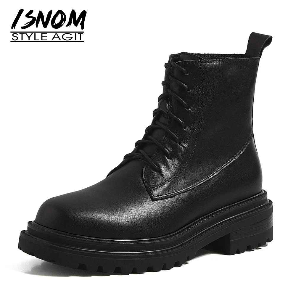 

ISNOM Genuine Leather Ankle Boots Cross Tied Ladies Chunky Heels Shoes Woman Platform Lace Up Skid Proof Booties 2021