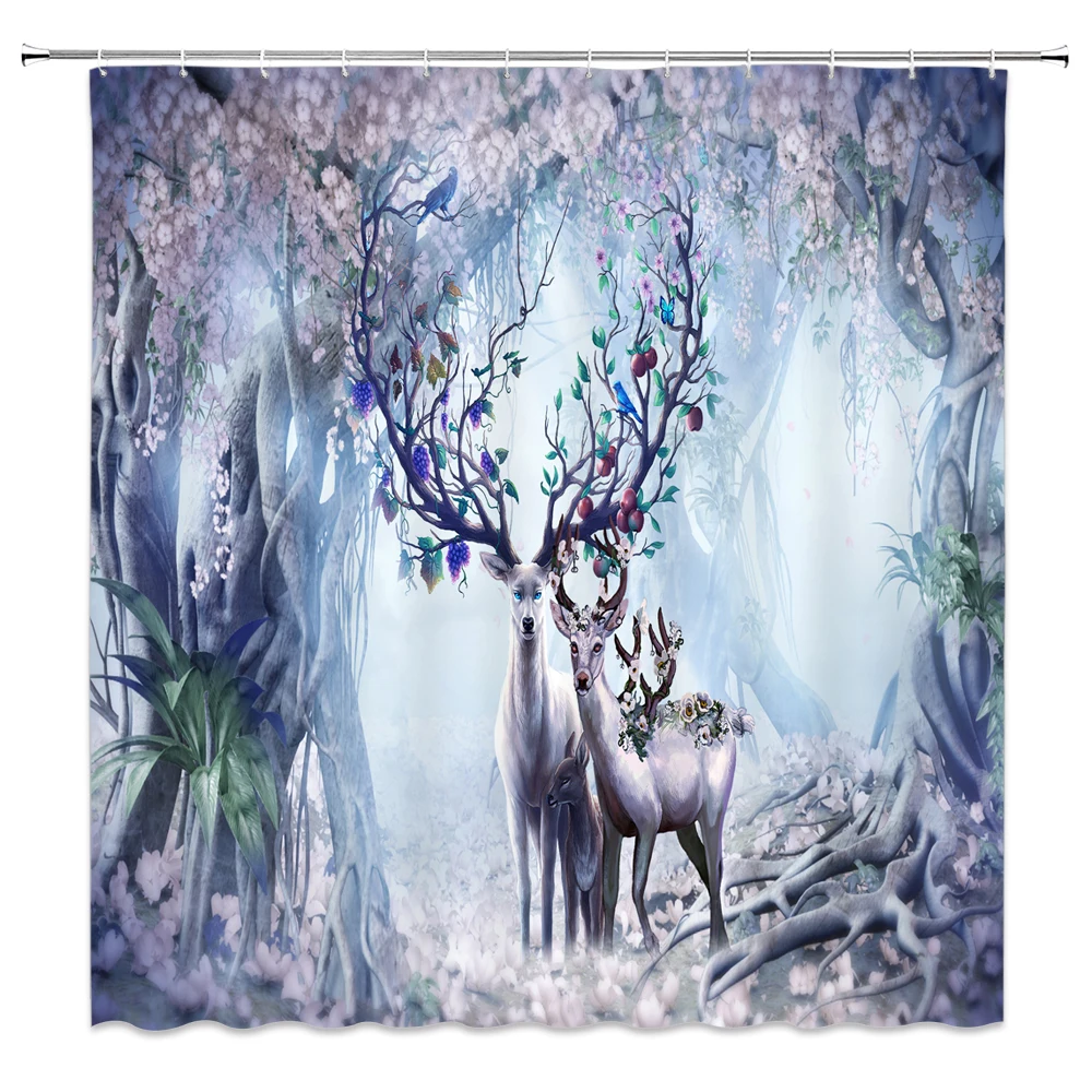 

Fantasy Deer Flower Fruit Shower Curtain Forest Animal Bathroom Decor Waterproof Polyester Cloth Bath Curtains With Hooks