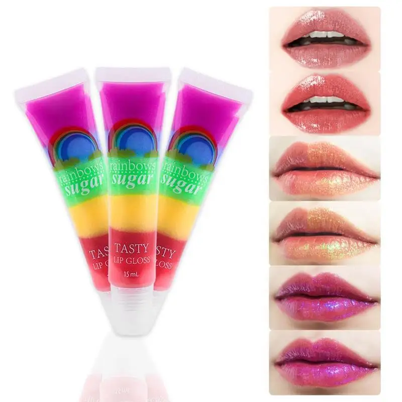 

2pcs Rainbow Sugar Tasty Lip Gloss Transparent Clear Oil Sexy Cute Fruit Lip Balm Hydrating shiny gitter Liquid Lipstick Makeup
