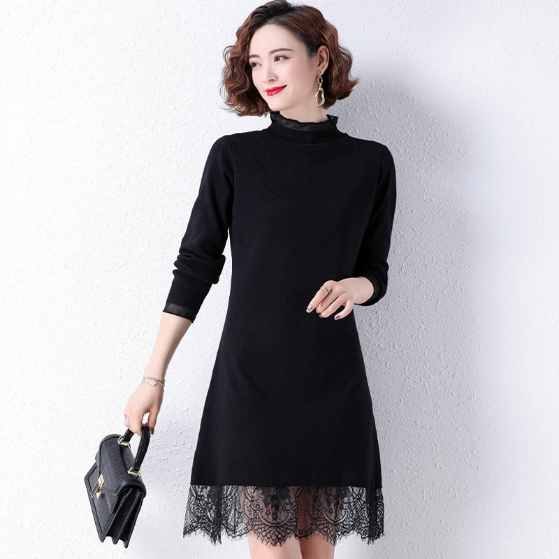 

Autumn Winter Women Soft Knitted Dresses Black Camel Lace Contrast Design One Piece Dress Long Sleeve Knee Length Straight Robe